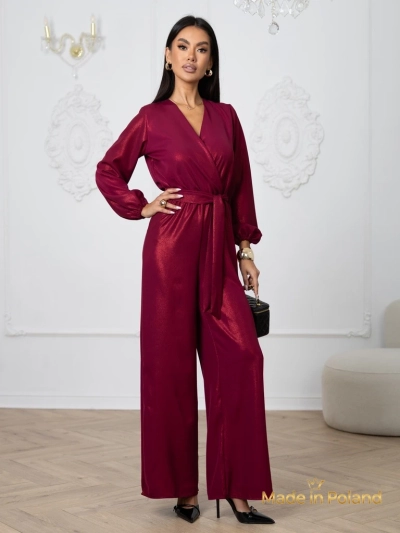 Salopetă de damă 'Valentina' bordo cu mânecă lungă și pantaloni largi