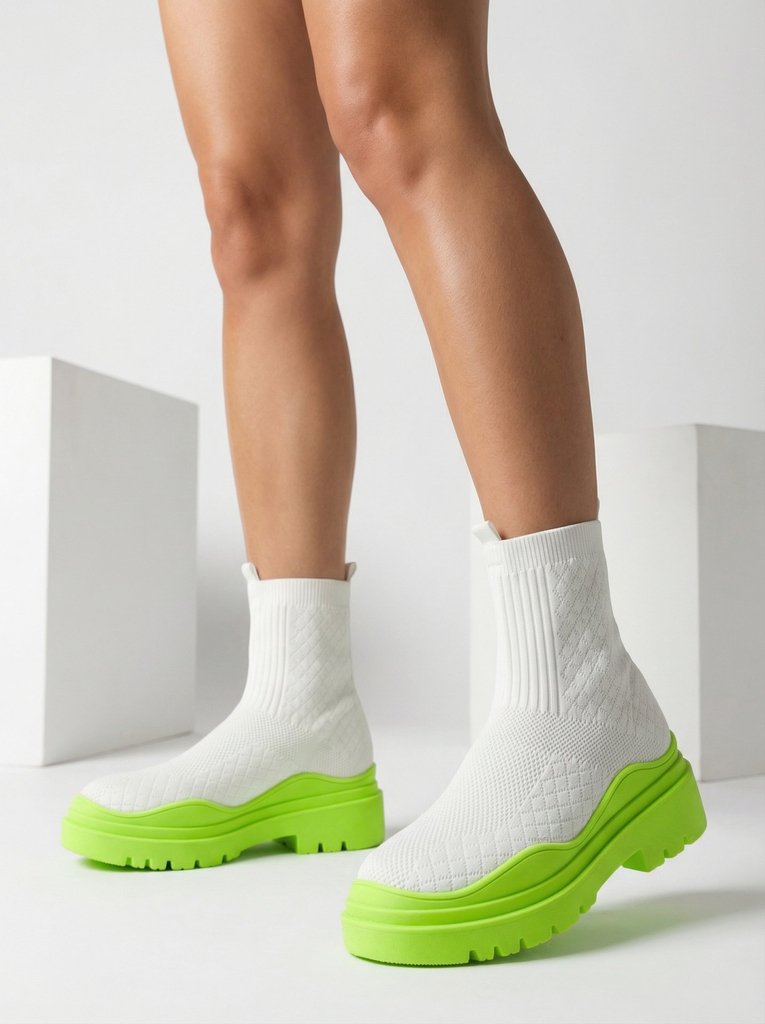 Cizme de damă albe și verzi cu toc plat Seritis - Încălțăminte