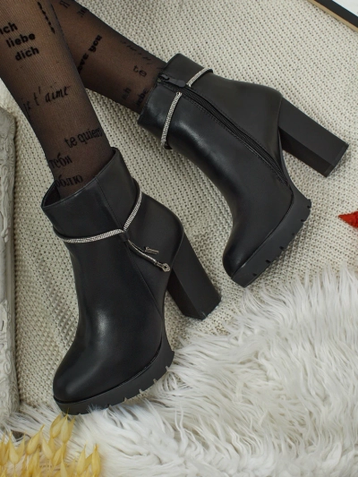 Botine de damă din piele ecologică cu toc gros Marellin