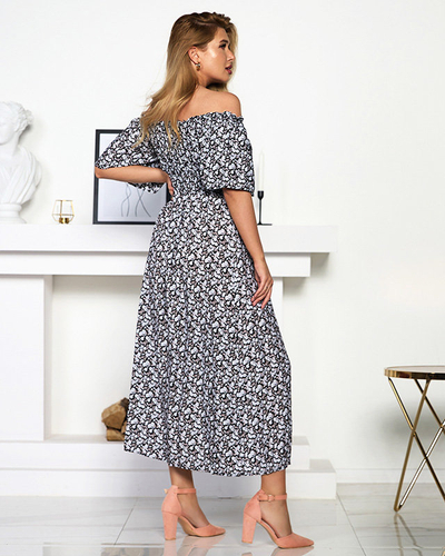 Rochie maxi alb-negru cu model floral - Îmbrăcăminte