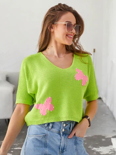 Royalfashion Pulover scurt din bumbac pentru femei cu fluturi