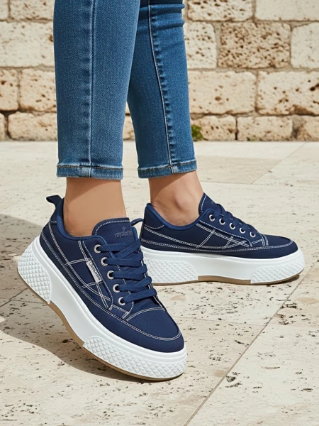 Sneakers de damă Callista cu platformă, bleumarin, material textil, primăvară-vară