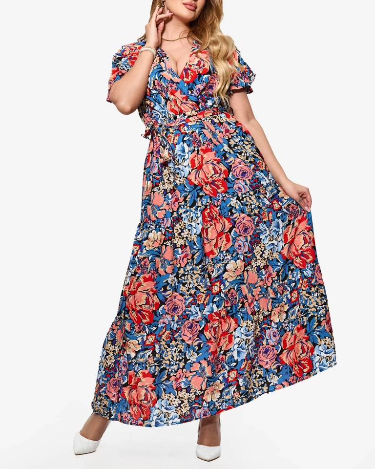 Rochie lungă cu flori pentru femei, albastru marin - Îmbrăcăminte