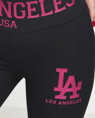 Jambiere de damă negre cu nervuri cu inscripții roz - Îmbrăcăminte