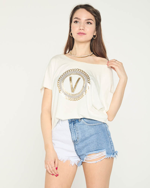 Tricou alb dama cu imprimeu auriu si zirconiu cubic - Imbracaminte