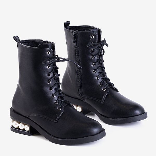 Ghete dama cu toc plat negru, cu perle Minot - Încălțăminte