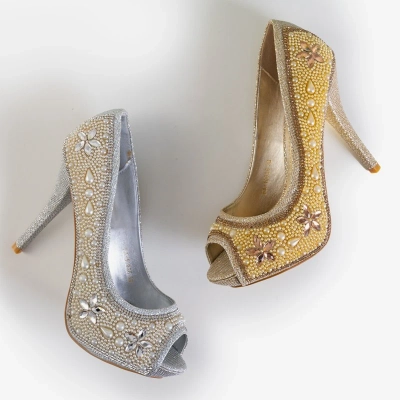 OUTLET Pompă de brocart pentru femei de aur, cu zirconii și perle Gitana - pantofi