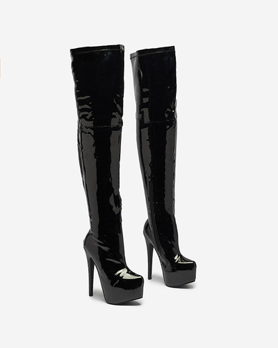 Cizme peste genunchi lăcuite de damă, de culoare neagră Leccie- Footwear