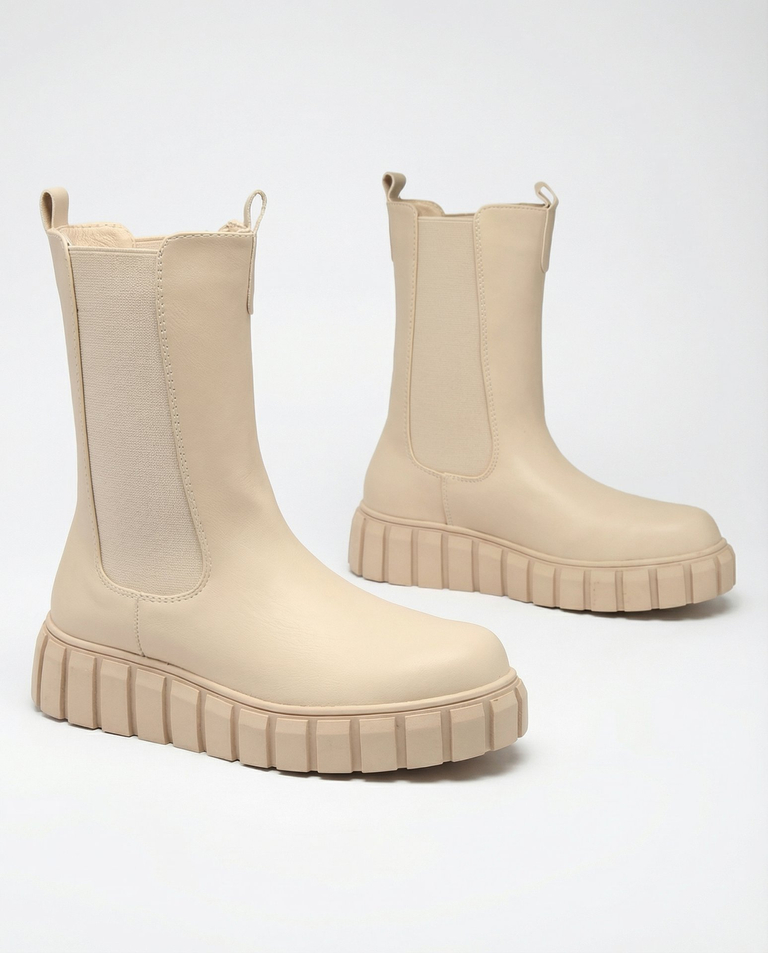 Royalfashion Cizme cu toc înalt plat de damă în ecru Elicane