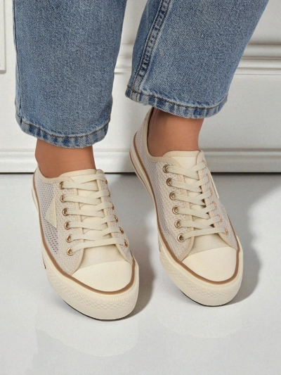 Aurelia Beige - tenîsên qumaşê yên jinan ên bi tabana daîre 3 cm