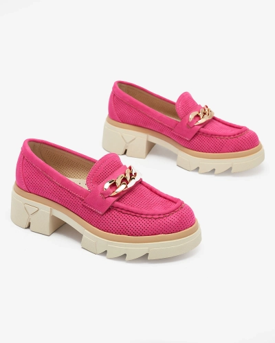 Royalfashion Mocasini din eco-suede cu ornament auriu în fucsia Zaffix