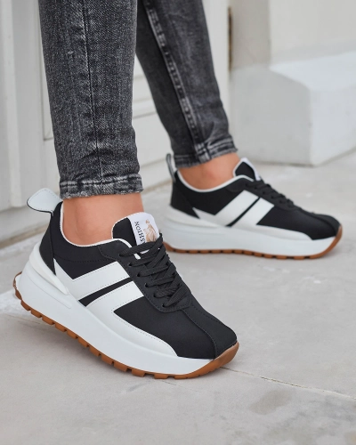 Pantofi sport pentru femei din piele ecologică de culoare neagră, cu inserții colorate Tifora- Footwear