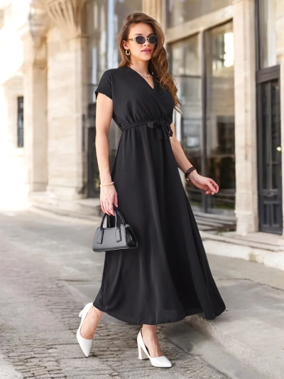 Rochie midi pentru femei Royalfashion cu decolteu înfășurat, mâneci scurte și un centură
