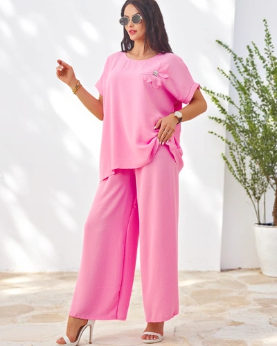 Royalfashion Set pentru femei cu mâneci scurte, decorat cu floare și pantaloni largi