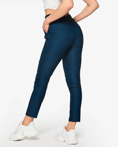 Pantaloni drepți de damă din stofă de culoare albastru marin PLUS SIZE- Îmbrăcăminte