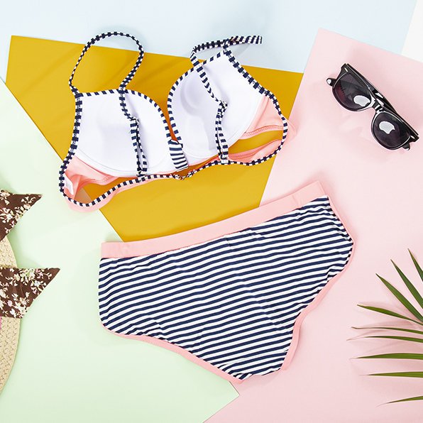 Costum de baie în dungi cu două piese pentru femei roz - Lenjerie de corp