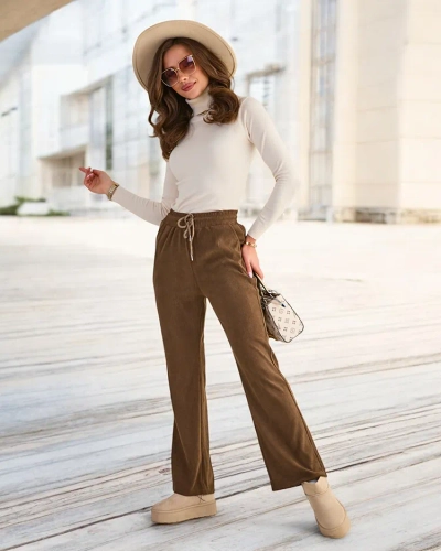 Royalfashion Pantaloni din țesătură de catifea maro pentru femei