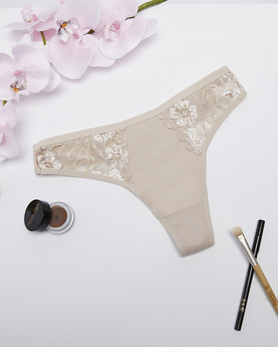 Tanga de dama din bumbac bej cu dantela decorativa - Lenjerie intima