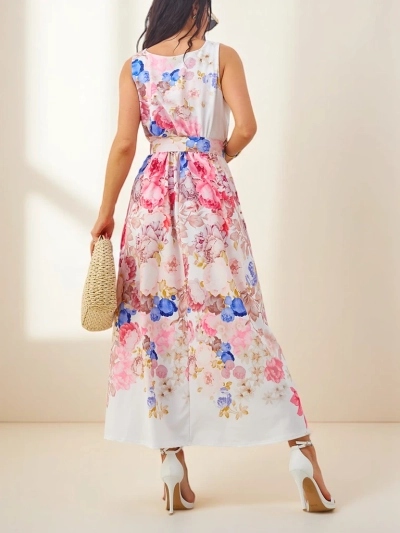 Rochie midi din viscoză pentru femei cu bretele, cu un centură cu flori diverse