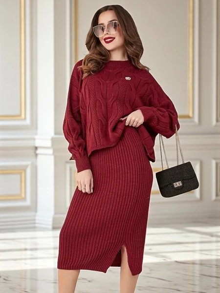 Set de femei din acrilă împletită Royalfashion cu pulover și fustă Warm&Fuzzy