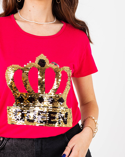 Tricou de damă fucsia cu coroană și paiete - Îmbrăcăminte