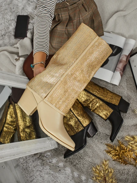 Botine de damă din piele ecologică cu toc gros și partea superioară decorativă Virelia