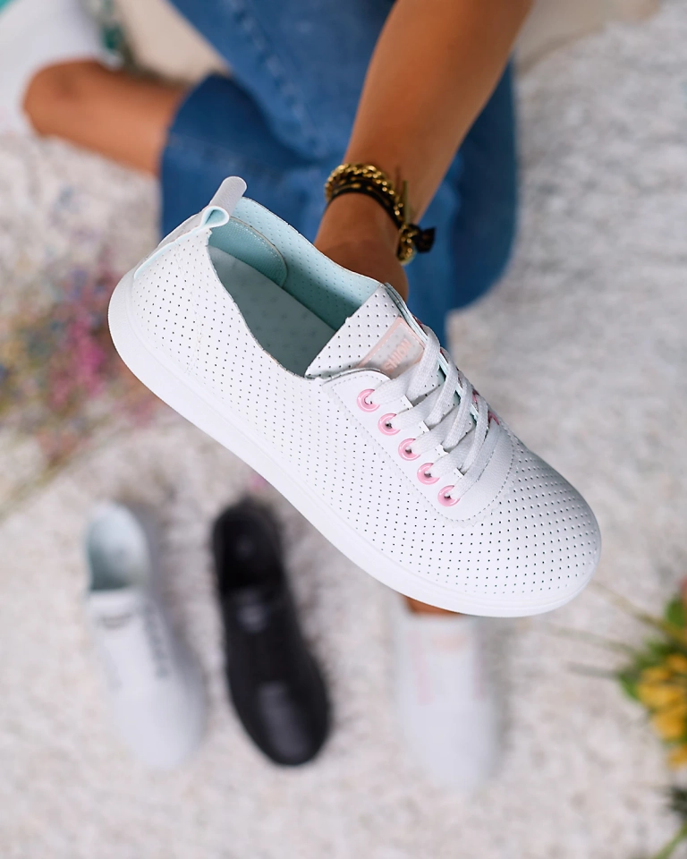 Royalfashion Adidași albi de damă traforați cu inserții roz Akeria