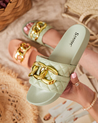 Papuci de dama matlasati verzi cu lant auriu Eteris - Incaltaminte