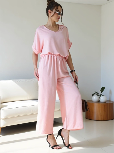 Royalfashion Set casual pentru femei, cu bluză cu mânecă scurtă și pantaloni largi