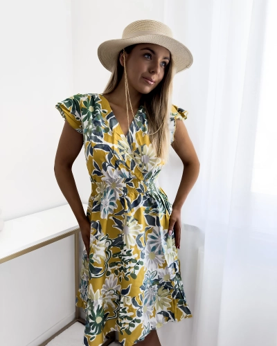 Rochie mini de damă muștar cu imprimeu floral - Îmbrăcăminte