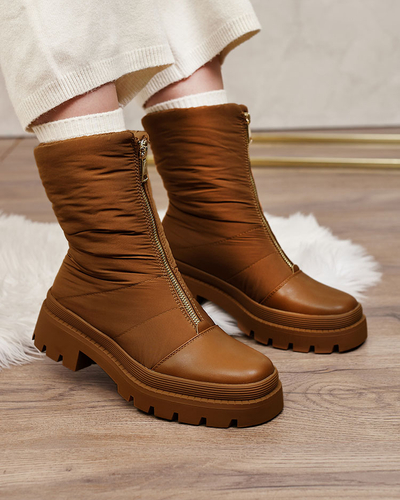 Royalfashion Cizme cu toc plat Tainve pentru femei, de culoare camel