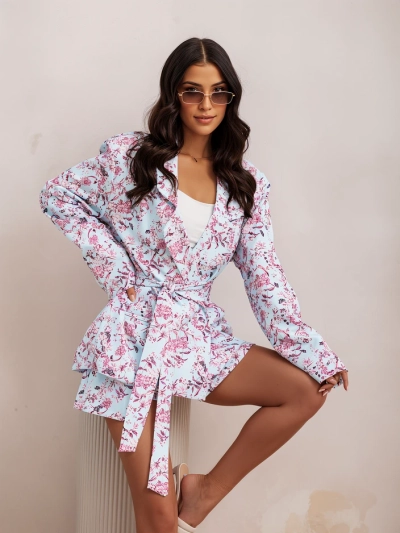 Royalfashion Set floral pentru femei cu blazer legat și fustă-pantalon