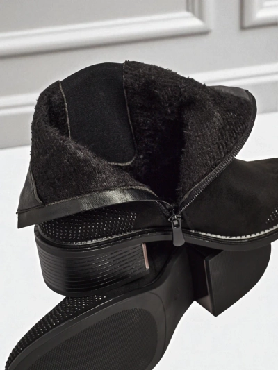 Botine de damă din piele ecologică întoarsă, decorate cu zirconii TangleMist