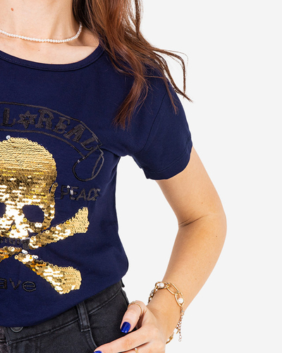 Tricou de damă bleumarin cu paiete și inscripții - Îmbrăcăminte