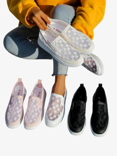Royalfashion Mocasini cu plasă pentru femei cu flori Emzos