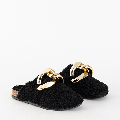 Papuci de damă negri cu palton și lanț din piele de oaie Juka - Pantofi