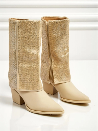Botine de damă din piele ecologică cu toc gros și partea superioară decorativă Virelia