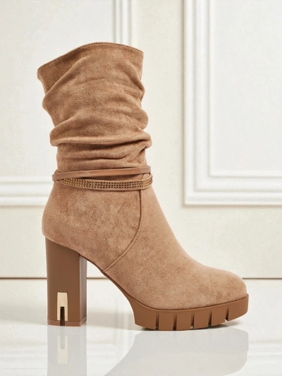 Botine de damă eco piele întoarsă cu toc gros BrambleDusk