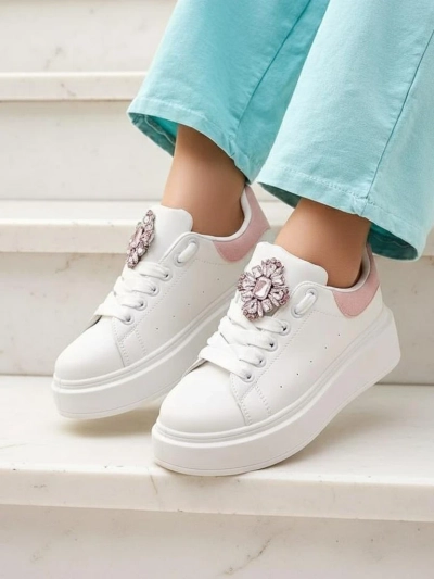 Sneakers de damă Hypatia Bianco din piele ecologică cu ornament și accent roz