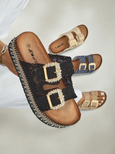 Royalfashion Sandale de damă cu catarame cu pietre strălucitoare GlamCork