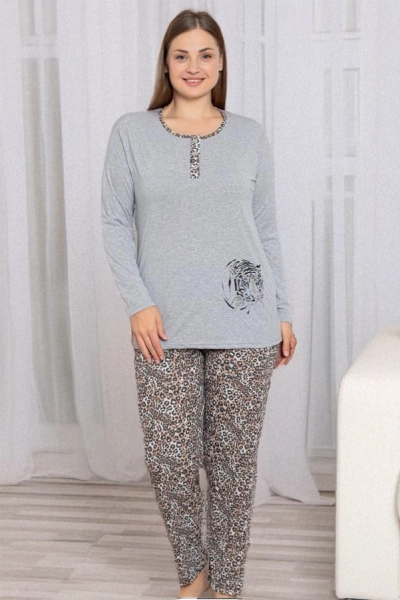 Royalfashion Pijamale gri pentru femei, din 2 piese, cu imprimeu leopard Mărime plus