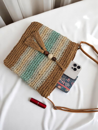 Royalfashion Geantă mică de damă din paie, cu dungi, Charm Mini