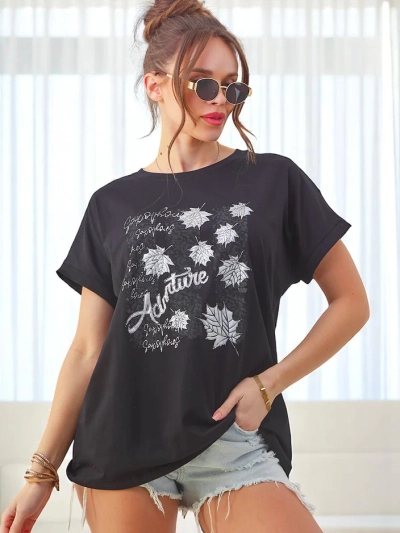 Royalfashion Tricou din bumbac pentru femei cu imprimeu cu frunze