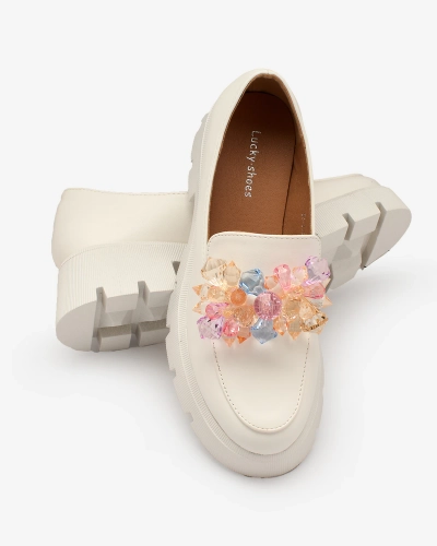 Royalfashion Mocasini albi pentru femei cu cristale colorate Crystal Glam