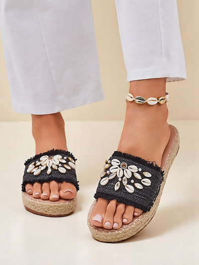 Sandały damskie Royalfashion Helena Decor czarne espadryle z muszelkami
