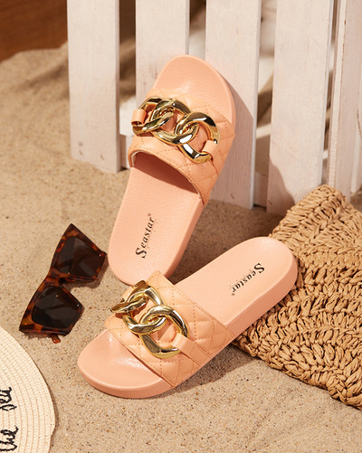 OUTLET Papuci dama matlasati coral cu lant auriu Eteris - Incaltaminte