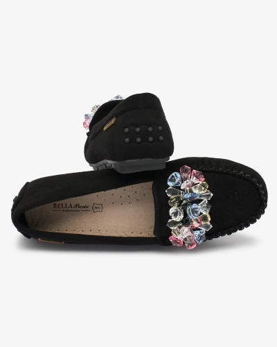 Royalfashion Mocasini negri de damă, traforați, cu cristale decorative Cizzas