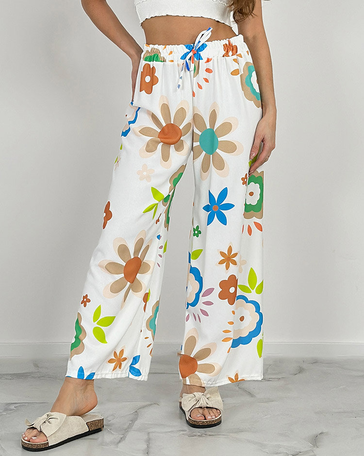 Royalfashion Pantaloni largi din țesătură cu motive florale pentru femei