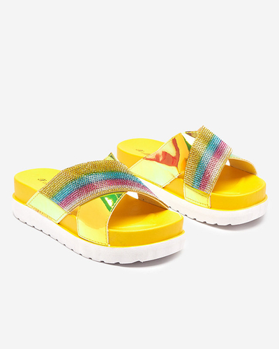 OUTLET Papuci holografici dama galbeni cu paiete Yalay - Incaltaminte