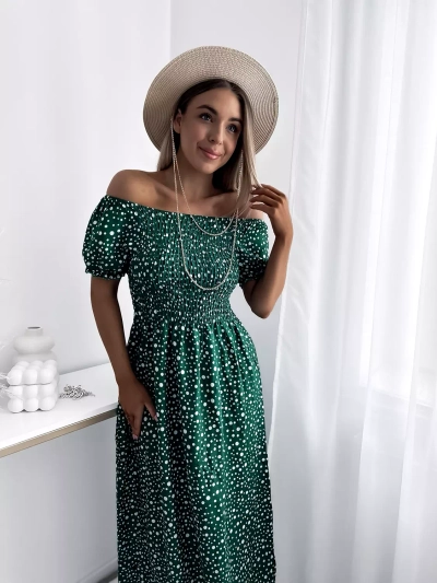 Rochie maxi verde pentru femei, în mazăre- Îmbrăcăminte